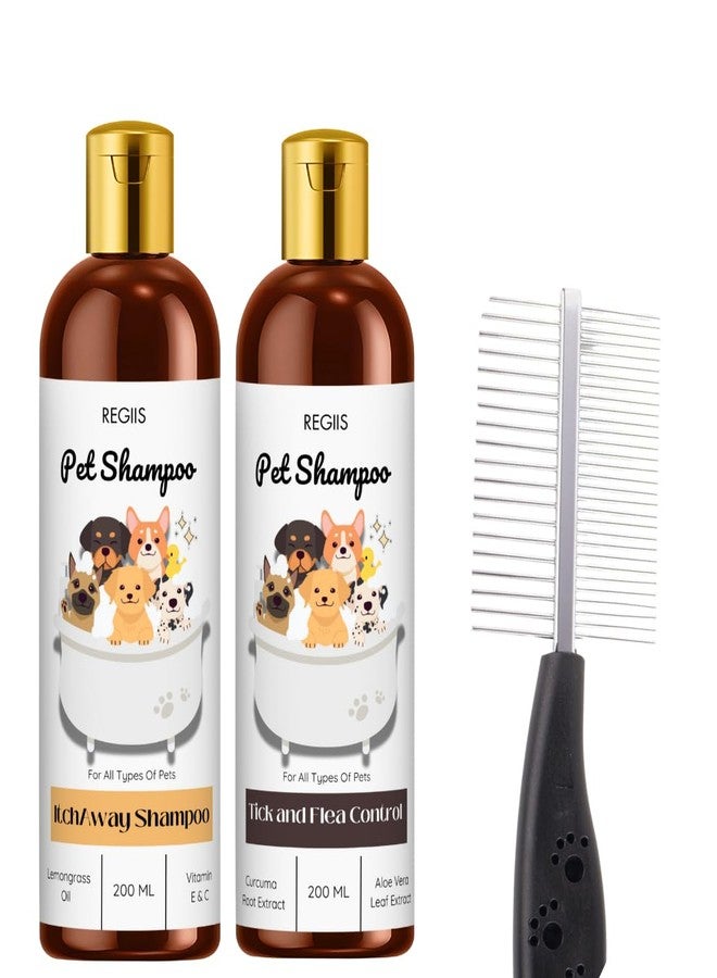 مجموعة شامبو للحيوانات الأليفة بتركيبة لتخفيف الحكة ومكافحة البراغيث، مكونات طبيعية، 200 مل، عبوتان مع مشط للحيوانات الأليفة (عبوة من 3 قطع) - Image 1